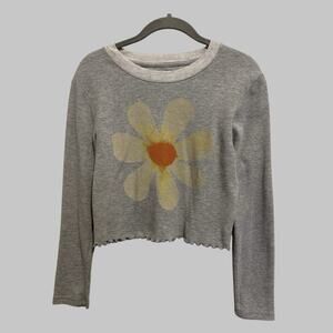 Natural Life Thermal Waffle Knit Grey Long Sleeve Daisy Crop Top Lettuce Trim M